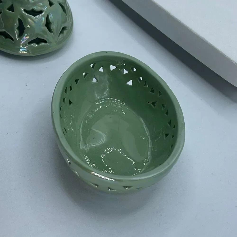 Vintage Green Lusterware floral cut out design Easter Egg trinket box.